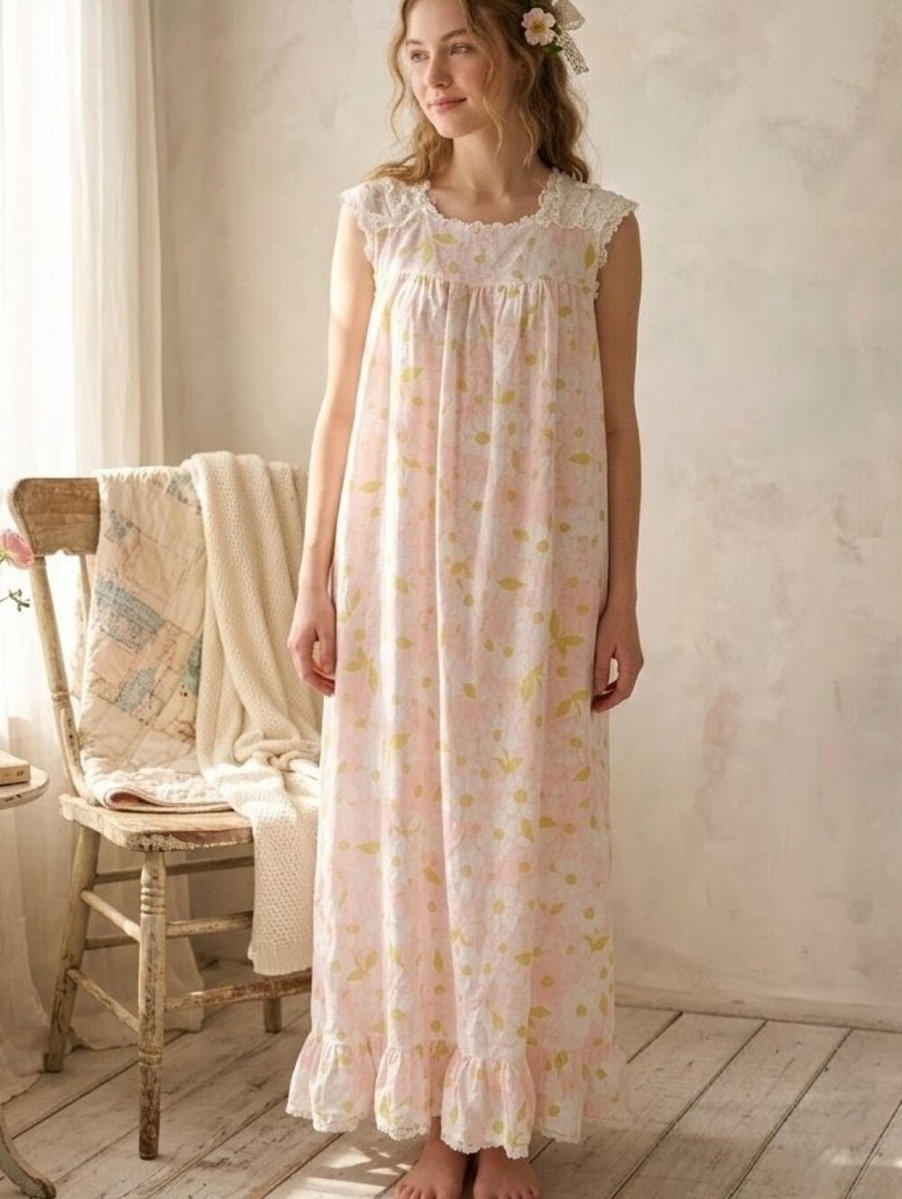 Vtg 70s Floral Cotton Granny Nightgown Lace Ruffle Yoke S
